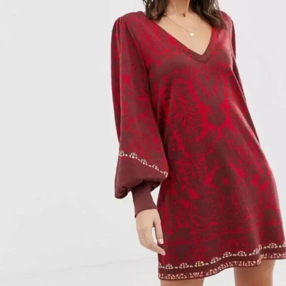 Free People Music and Lyrics Damask Knit Long Sleeve Sweater Dress Red S NWT - Picture 2 of 13